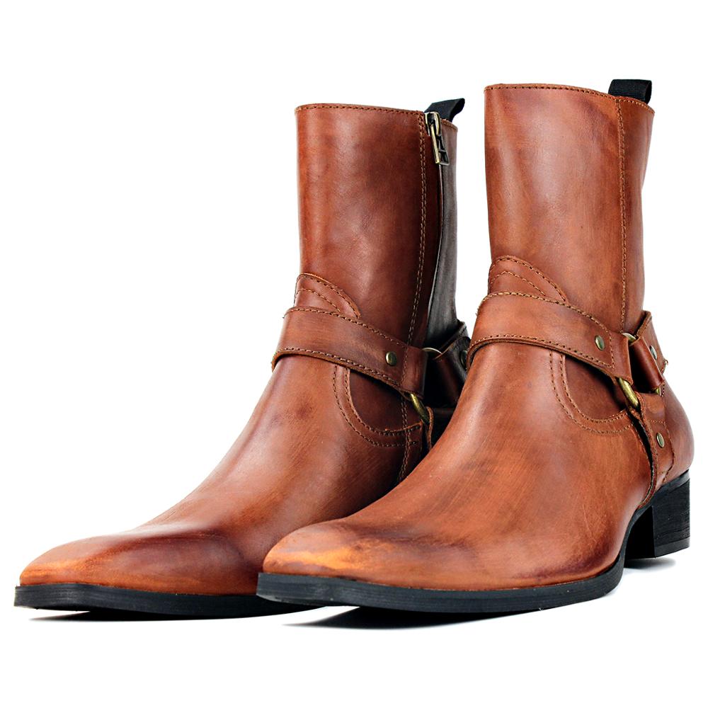 OSSTONE Men Chelsea Ankle Boots Leather Heeled Boots With Side Zipper Cuban Heel Dress Boots Disco Shoes OS-JY017 JY018